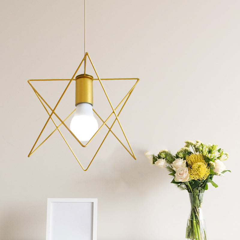 1 Bulb Metal Pendant Light Loft Style Gold Finish Globe/Hexagon Cage Shade Dining Room Hanging Lamp