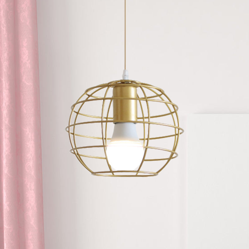 1 Bulb Metal Pendant Light Loft Style Gold Finish Globe/Hexagon Cage Shade Dining Room Hanging Lamp