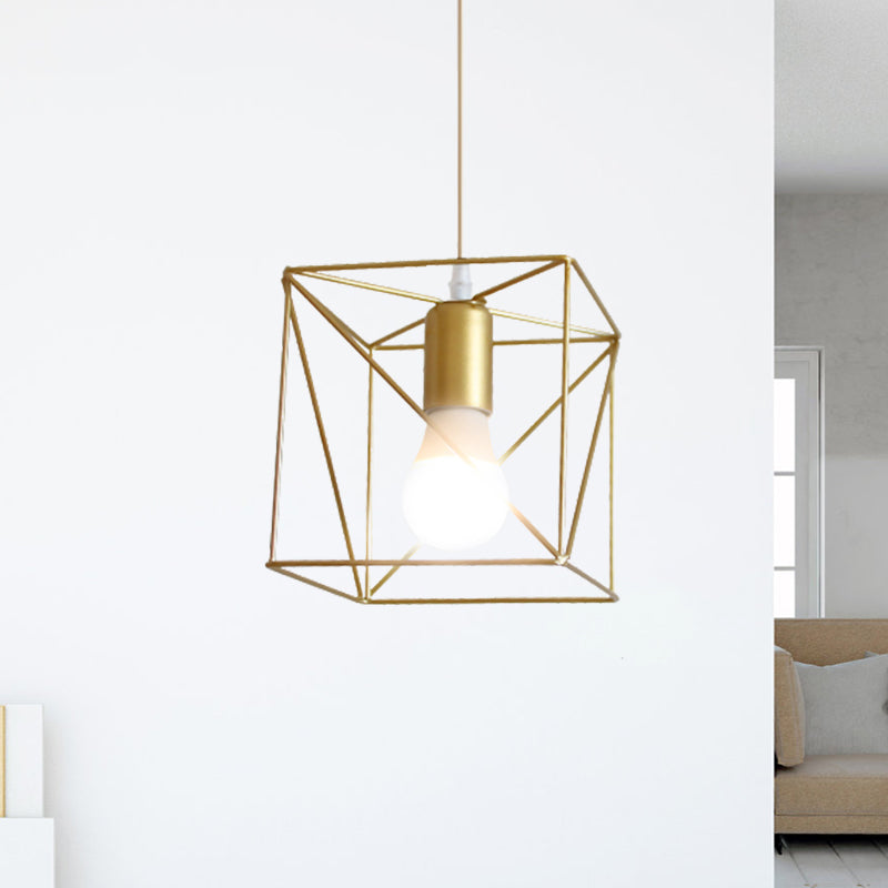 1 Bulb Metal Pendant Light Loft Style Gold Finish Globe/Hexagon Cage Shade Dining Room Hanging Lamp