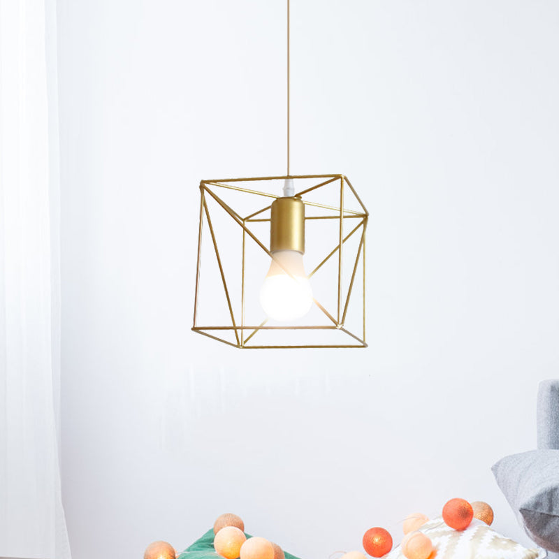 1 Bulb Metal Pendant Light Loft Style Gold Finish Globe/Hexagon Cage Shade Dining Room Hanging Lamp