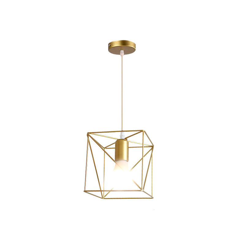 1 Bulb Metal Pendant Light Loft Style Gold Finish Globe/Hexagon Cage Shade Dining Room Hanging Lamp