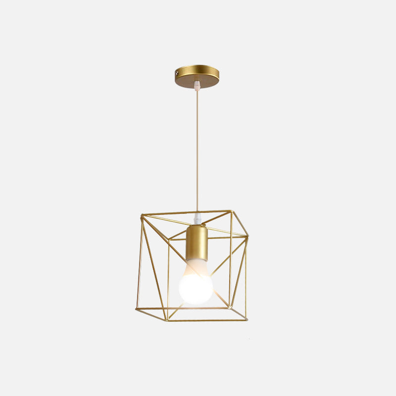 1 Bulb Metal Pendant Light Loft Style Gold Finish Globe/Hexagon Cage Shade Dining Room Hanging Lamp