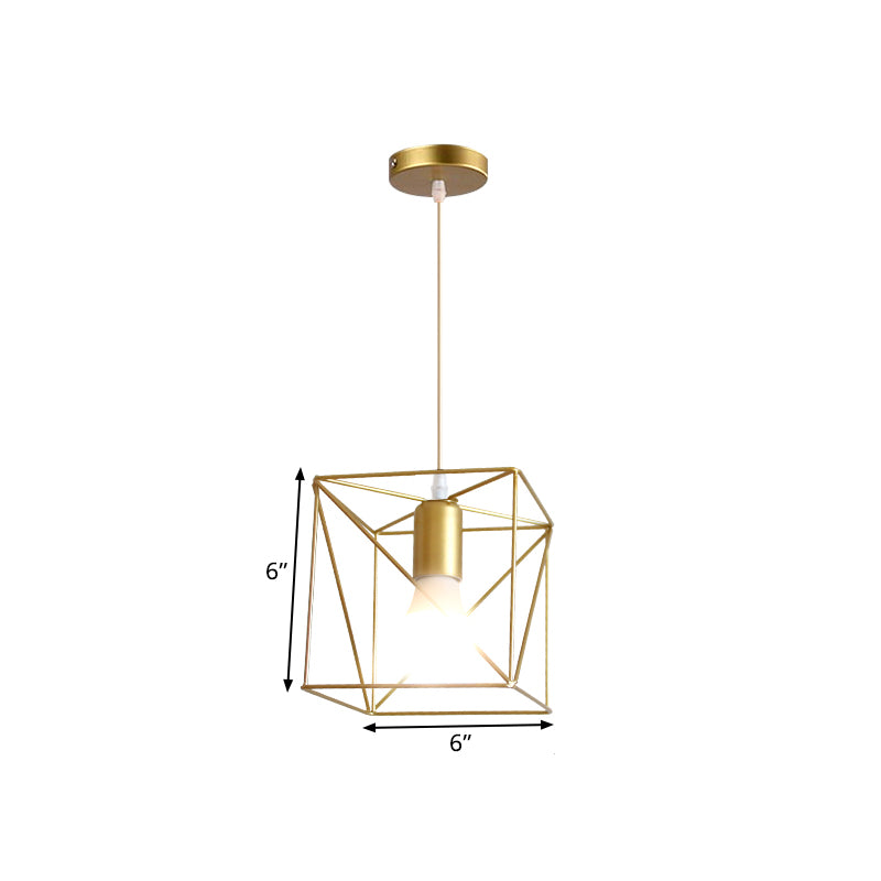 1 Bulb Metal Pendant Light Loft Style Gold Finish Globe/Hexagon Cage Shade Dining Room Hanging Lamp