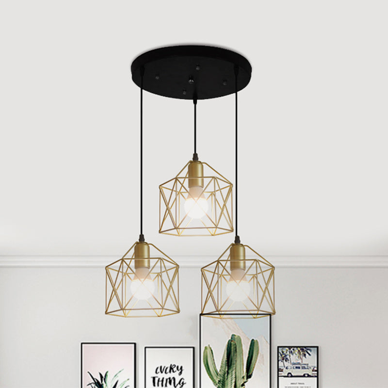 3 Lights Ceiling Light with Hexagon Cage Shade Iron Industrial Style Restaurant Hanging Light in Gold