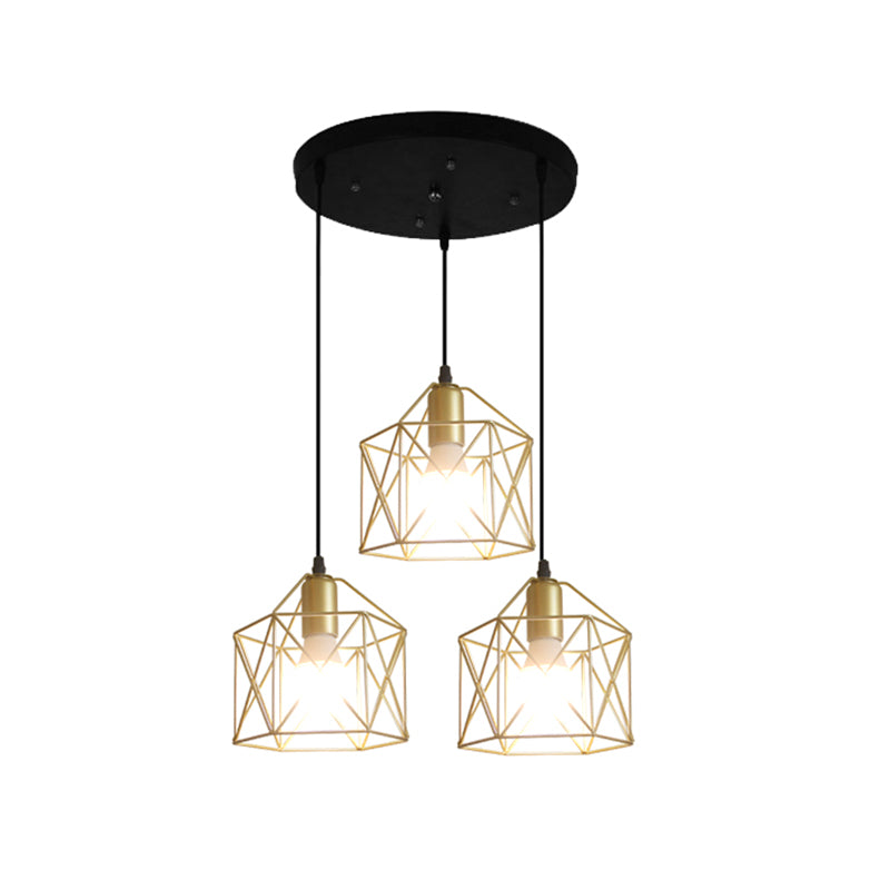 3 Lights Ceiling Light with Hexagon Cage Shade Iron Industrial Style Restaurant Hanging Light in Gold