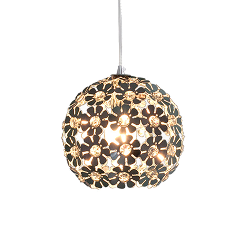 Floral Globe Shade Hanging Light Fixture Contemporary Aluminum 1 Light Chrome Suspension Lamp with Crystal Accent