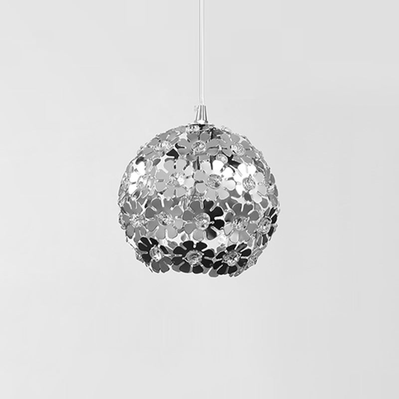 Floral Globe Shade Hanging Light Fixture Contemporary Aluminum 1 Light Chrome Suspension Lamp with Crystal Accent