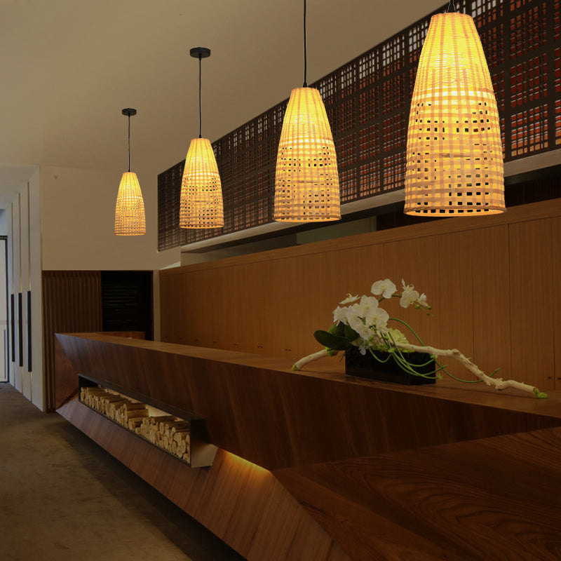 Chinese 1-Bulb Ceiling Pendant Light with Bamboo Shade Beige Elongated Drop Pendant for Restaurant