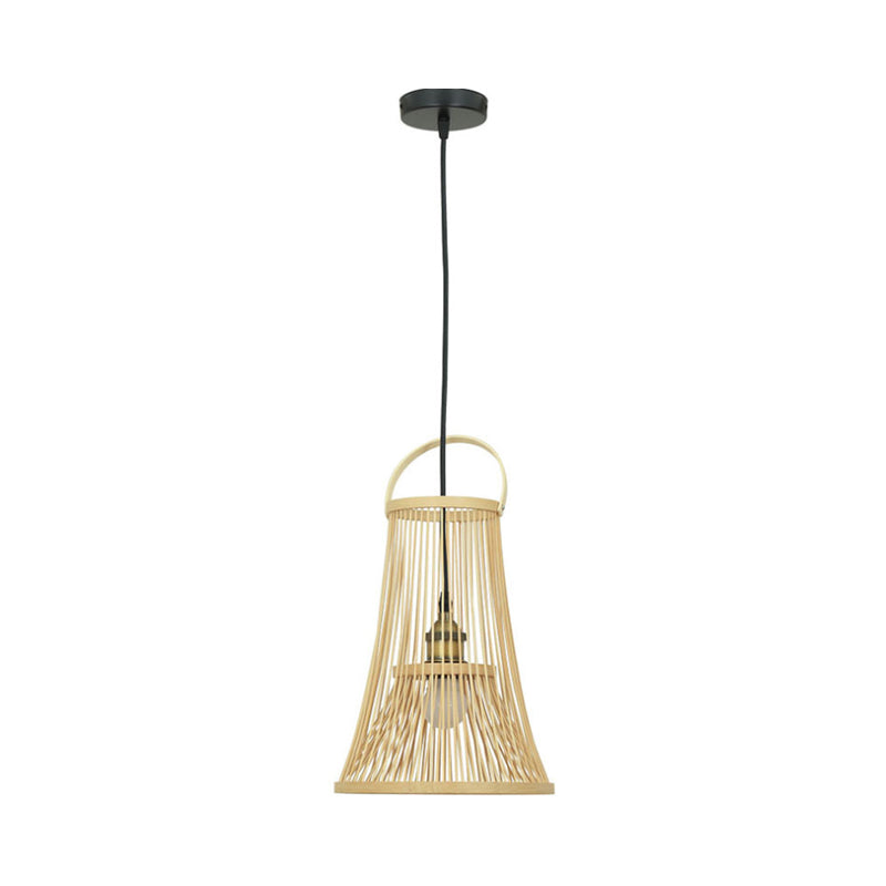 Bamboo Trumpet Shade Hanging Light Asian Style 1 Bulb Beige Pendant Ceiling Light with Arched Handle