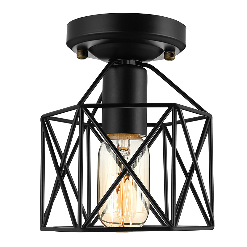 Hexagon Iron Ceiling Mounted Fixture with Cage Shade Vintage Stylish 1 Bulb Balcony Close to Ceiling Lamp in Black/White