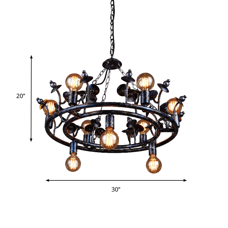 Multi Light Round Chandelier Light Open Bulb Metal Rustic Pendant Lighting in Black