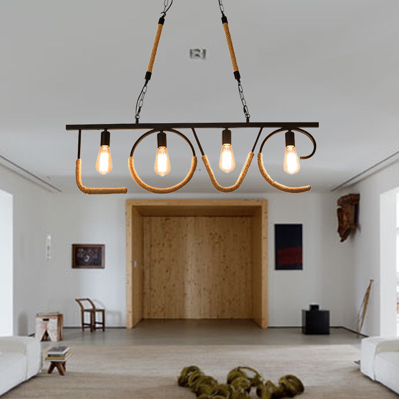 Open Bulb Metal and Rope Island Lamp with LOVE Design Industrial 4 Bulbs Restaurant Island Lighting in Beige