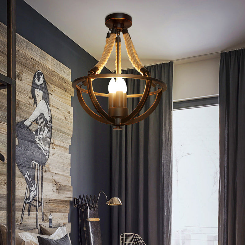 Black Bowl Cage Semi-Flush Mount Light Lodge Metal 3 Lights Dining Room Close to Ceiling Light with Hanging Rope