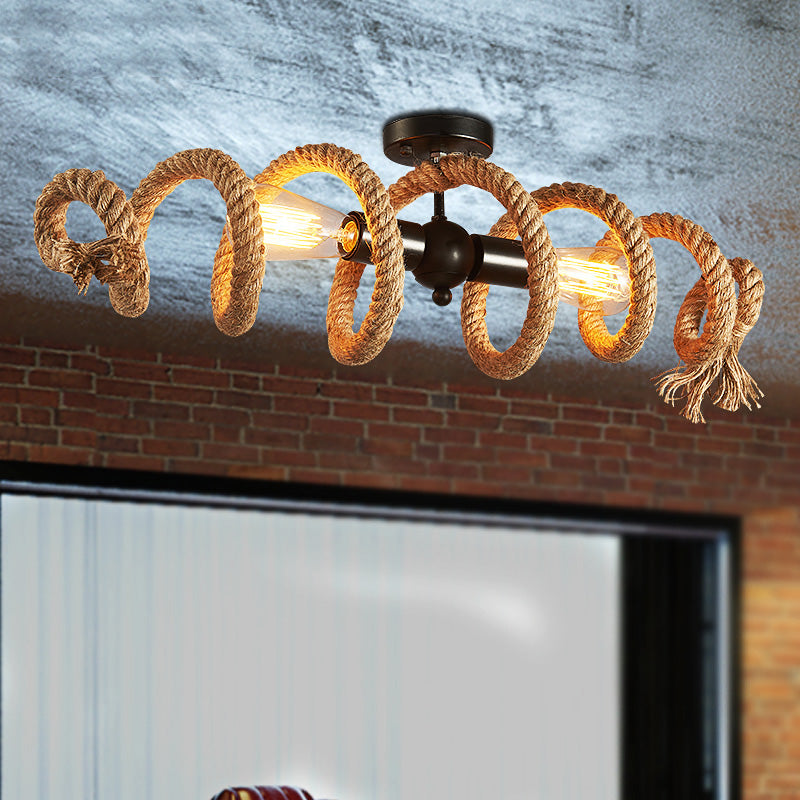 2-Light Swirl Semi Flush Mount Lighting with Open Bulb Industrial Black Metal and Hemp Rope Ceiling Light Fixture