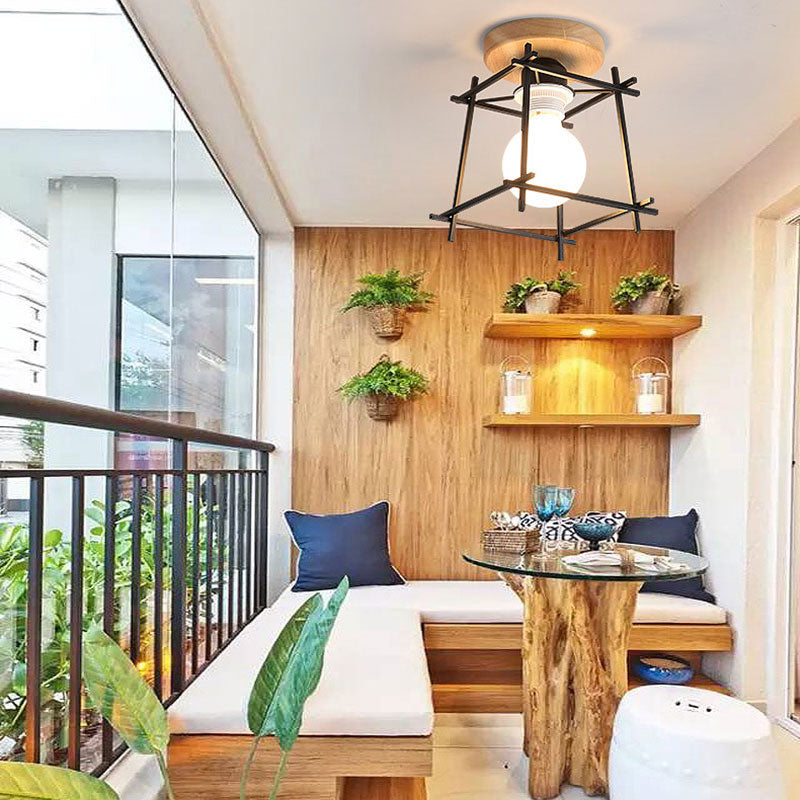 1 Head Iron Ceiling Lighting Retro Style Black/White Global/Squared Cage Shade Porch Rotatable Semi Flush Mount Light