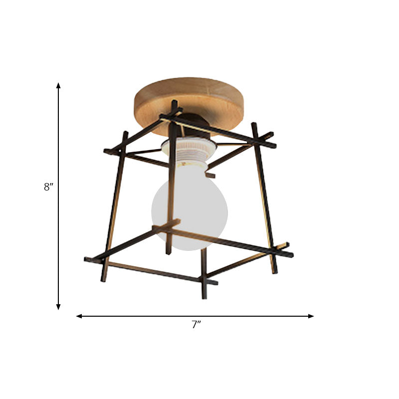 1 Head Iron Ceiling Lighting Retro Style Black/White Global/Squared Cage Shade Porch Rotatable Semi Flush Mount Light