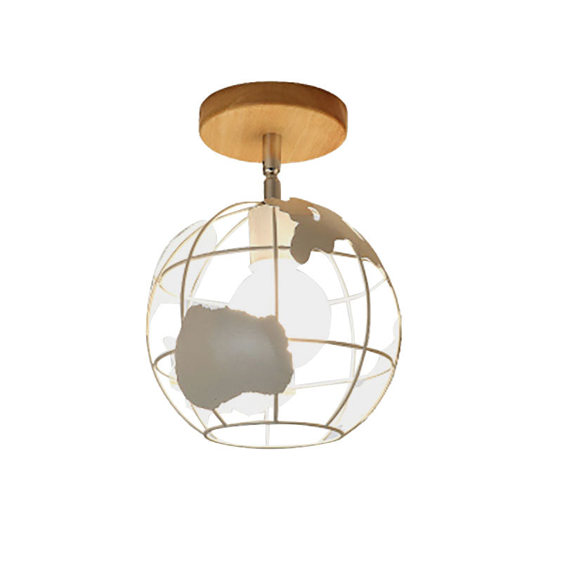 1 Head Iron Ceiling Lighting Retro Style Black/White Global/Squared Cage Shade Porch Rotatable Semi Flush Mount Light
