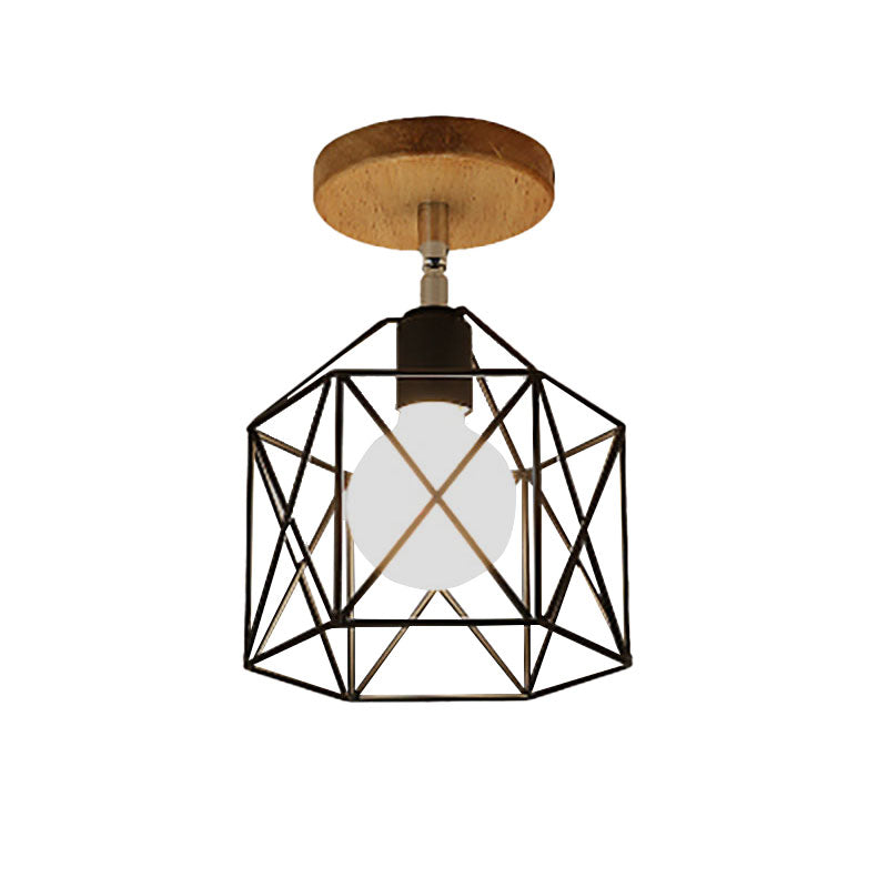 1 Head Iron Ceiling Lighting Retro Style Black/White Global/Squared Cage Shade Porch Rotatable Semi Flush Mount Light