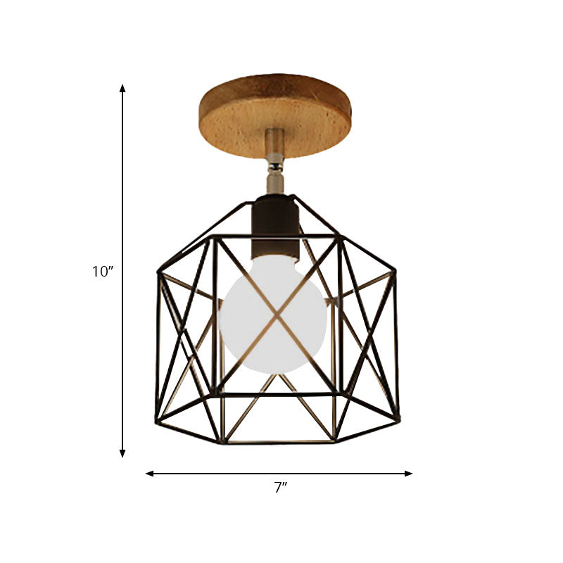 1 Head Iron Ceiling Lighting Retro Style Black/White Global/Squared Cage Shade Porch Rotatable Semi Flush Mount Light