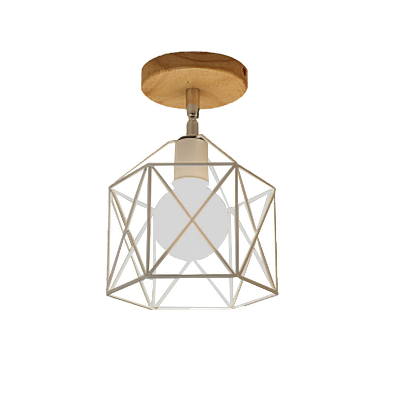 1 Head Iron Ceiling Lighting Retro Style Black/White Global/Squared Cage Shade Porch Rotatable Semi Flush Mount Light