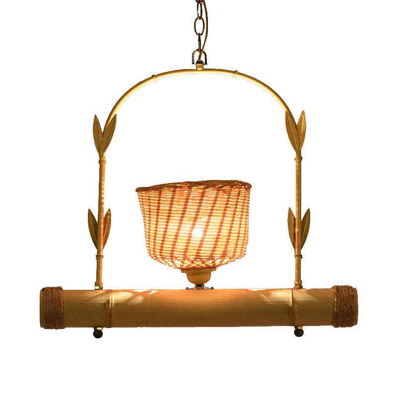 Rattan Basket Shade Chandelier Light Country Style 1/2-Light Beige Ceiling Lamp with Bird Cage Design