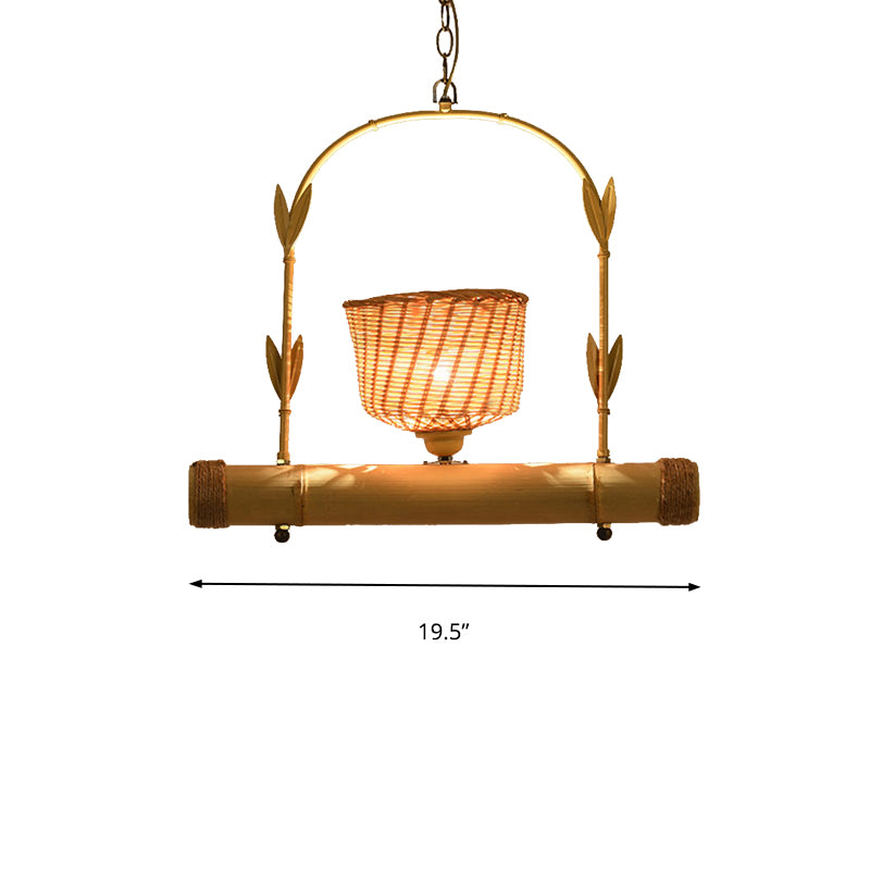 Rattan Basket Shade Chandelier Light Country Style 1/2-Light Beige Ceiling Lamp with Bird Cage Design
