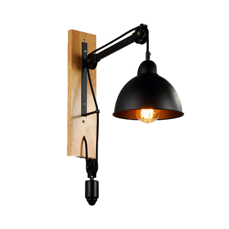 Domed Indoor Wall Mount Light Industrial Metal 1 Head Black Sconce Light with Beige/Brown Wood Backplate and Pulley