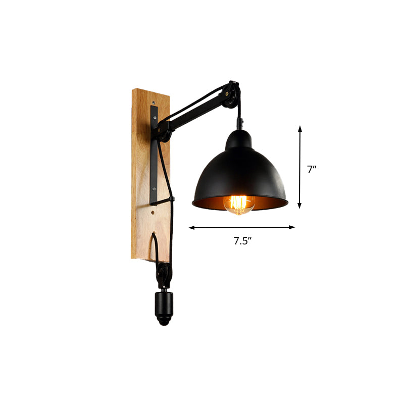 Domed Indoor Wall Mount Light Industrial Metal 1 Head Black Sconce Light with Beige/Brown Wood Backplate and Pulley
