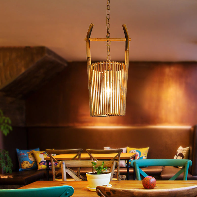 1 cabeza de restaurante iluminación colgante con cubo de tono de bambú lodoso lámpara de techo beige