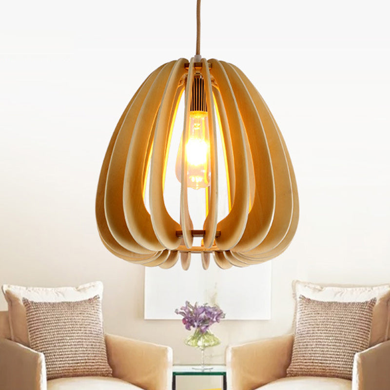 Contemporary Curved Pendant Lighting Wood 1 Light Dining Room Ceiling Light in Beige