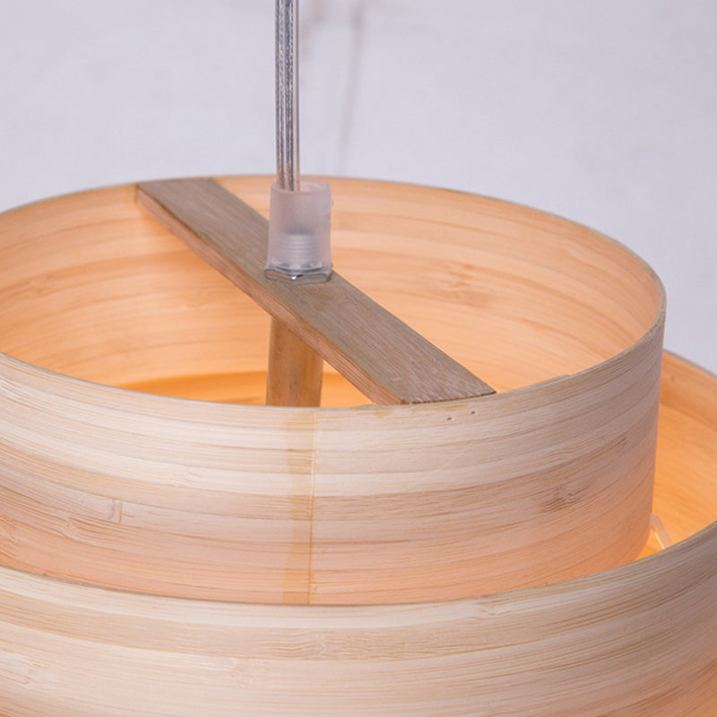 Modern Tiered Suspension Pendant Wooden 1-Light Living Room Hanging Ceiling Light in Natural Wood