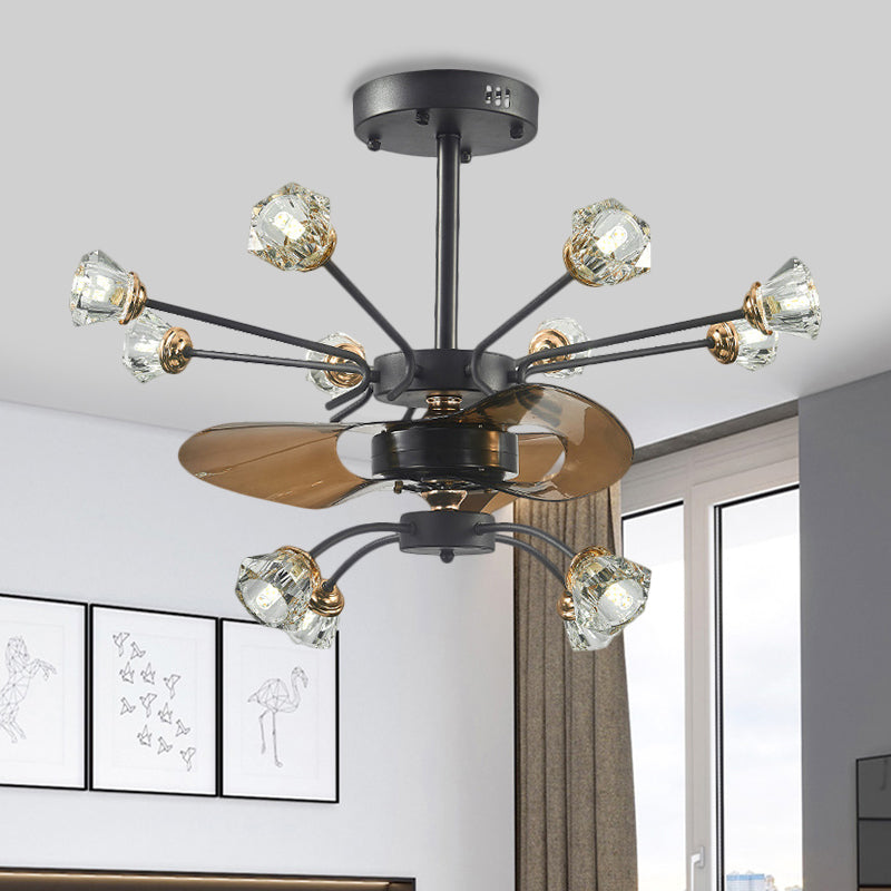 Traditional Swirled Arms Semi-Flush Mount 12 Heads Crystal Floral Shade 3 Blades Hanging Fan Lamp in Black, 30" Wide