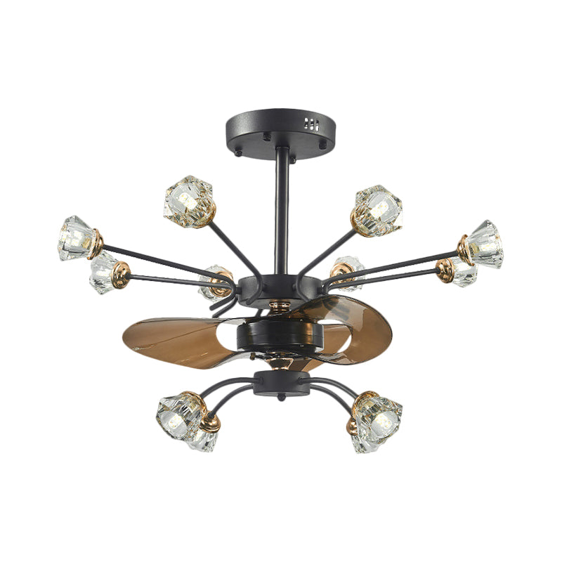 Traditional Swirled Arms Semi-Flush Mount 12 Heads Crystal Floral Shade 3 Blades Hanging Fan Lamp in Black, 30" Wide