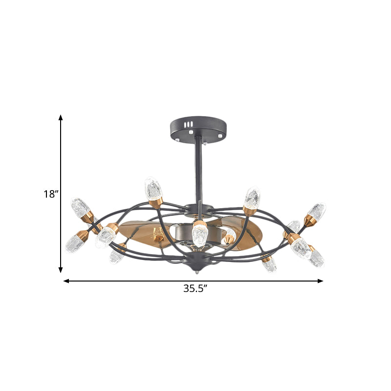 Black 15 têtes Semi Flush Traditional Bubble Crystal Shade Bent Arm Arm Pendante Fans Fan Lampe avec 3 lames, 35,5 "de largeur