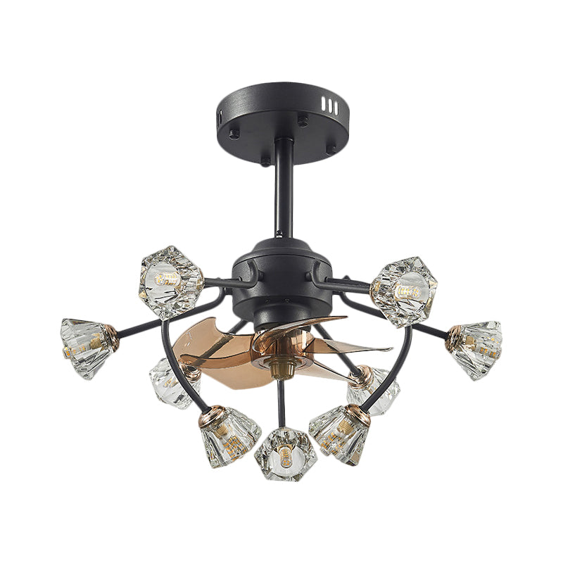 Armoiries courbées traditionnelles suspendues à la lampe à fans 9 têtes Crystal Bell Shade 5 lames semi-luxueuses en noir, 23,5 "de largeur