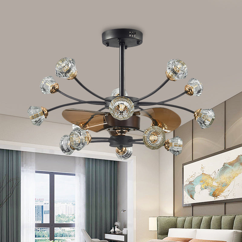 Black 14 Bulbes Semi Flush Light Traditional Crystal Diamond Shade Scrolls 3 Blades Pendant Fan Lampe, 31,5 "Largeur