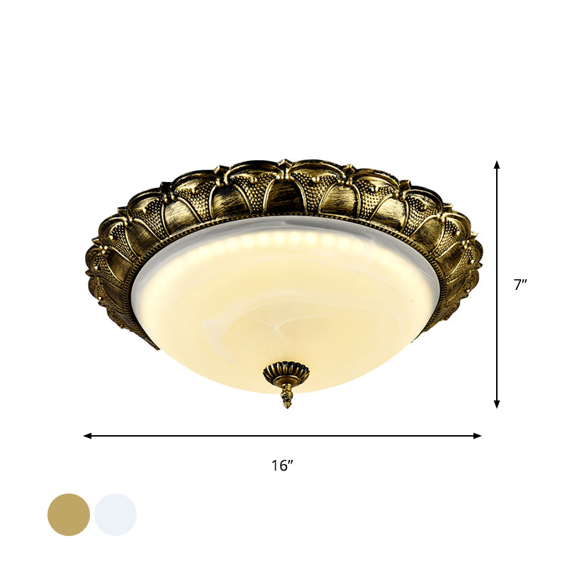 16"/19.5" W Dome Shape Hallway Ceiling Flush Vintage Frosted Glass White/Brass LED Flush Mount Lighting in Warm/White Light