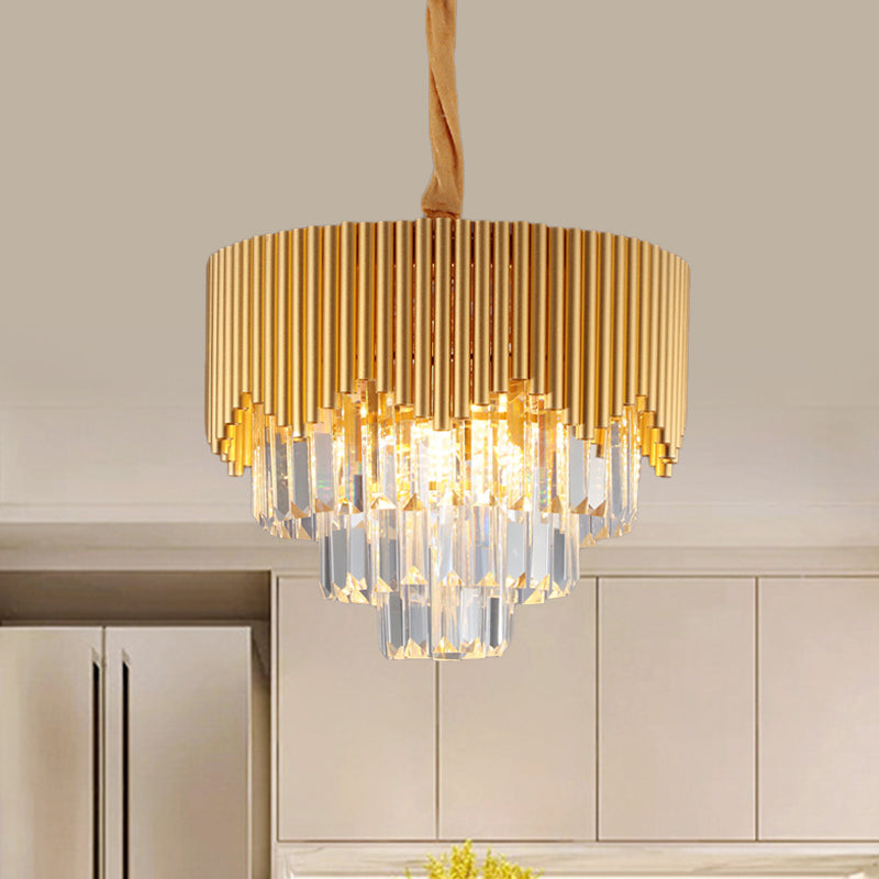 4/6/8 Heads Clear Crystal Prisms Chandelier Modern Gold Finish Tapered Great Room Suspension Pendant, 16"/19.5"/23.5" Wide