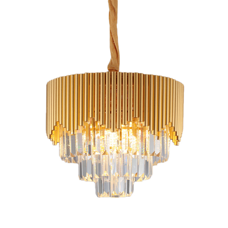 4/6/8 Heads Clear Crystal Prisms Chandelier Modern Gold Finish Tapered Great Room Suspension Pendant, 16"/19.5"/23.5" Wide