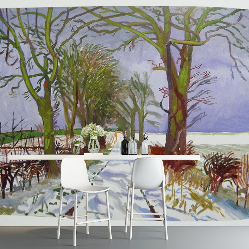 Snowy Country Road Art Murals Nordic Moisture Resistant Living Room Wall Decor, Custom Size