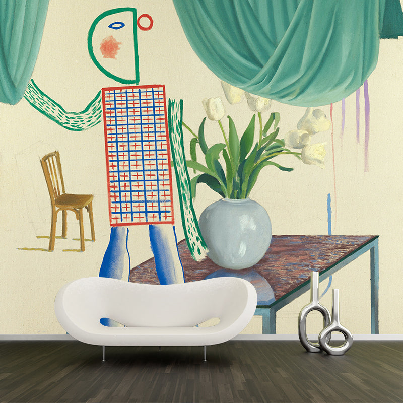 Yellow-Green Art Deco Mural Wallpaper Full Size Bot Man Wall Covering for Bedroom