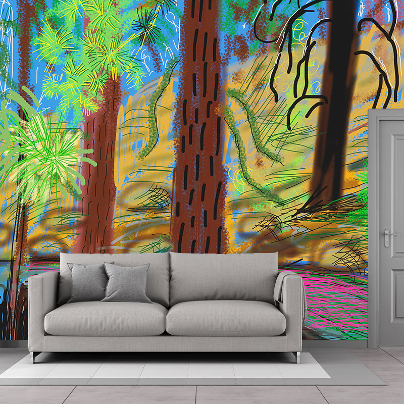 A Forest Path Wall Murals in Yellow-Brown Artistry Wall Decoration for Living Room