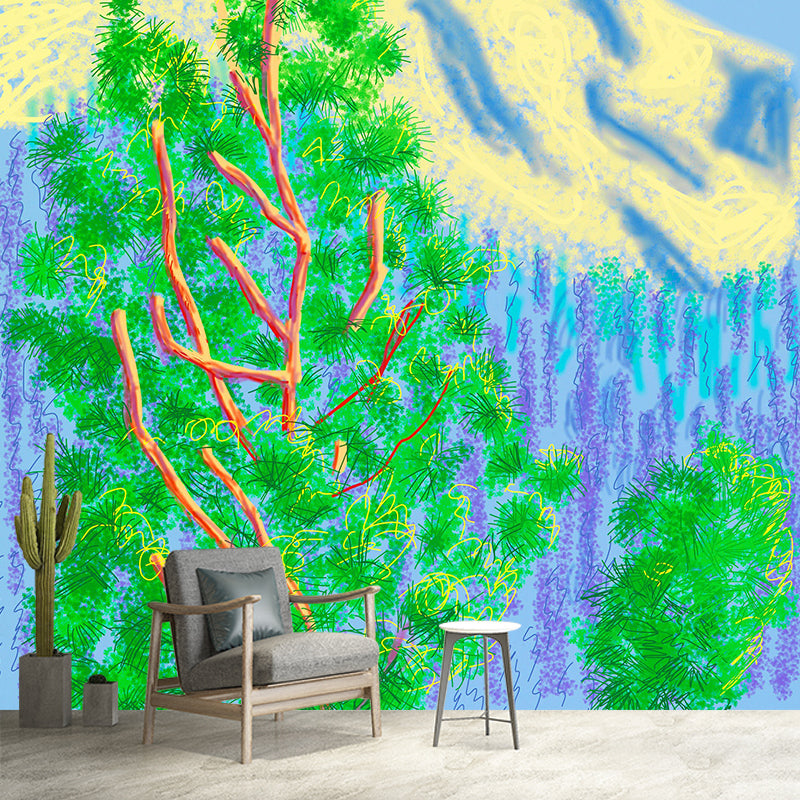 Whole Plants Wall Paper Murals Artistic Enchanting Cypress and Mountain Painting Wall Decor in Blue-Green