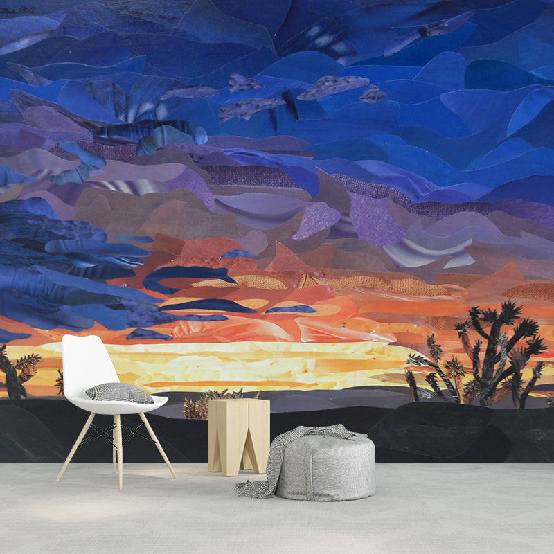 Artistic Wilderness Sunset Cactus Murals for Living Room Personalized Wall Covering in Orange-Blue