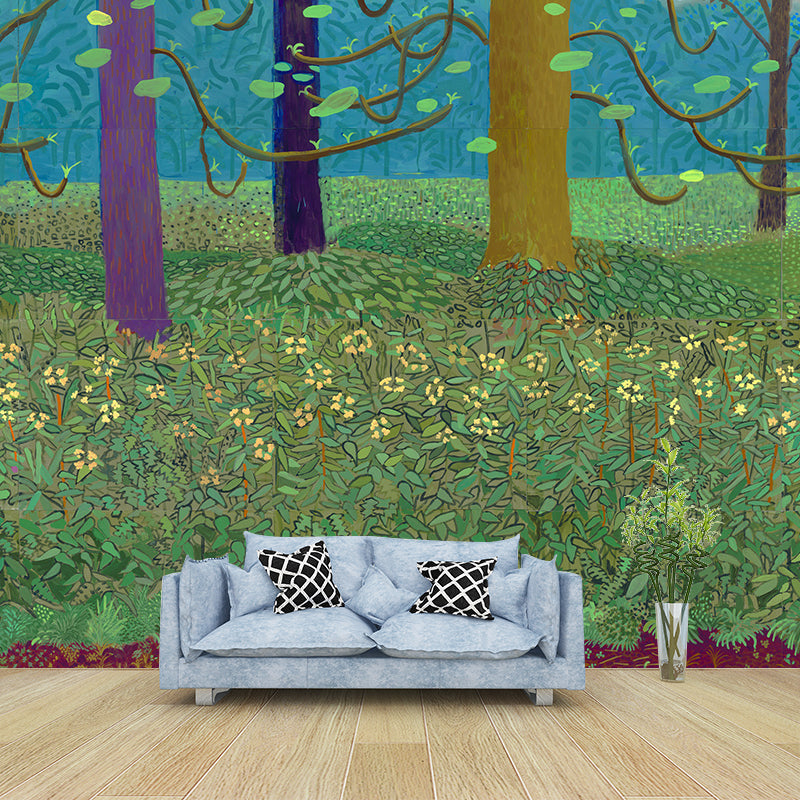 Illustration Spring Blossom Mural Wallpaper for Bedroom, Blue-Green, Made to Measure
