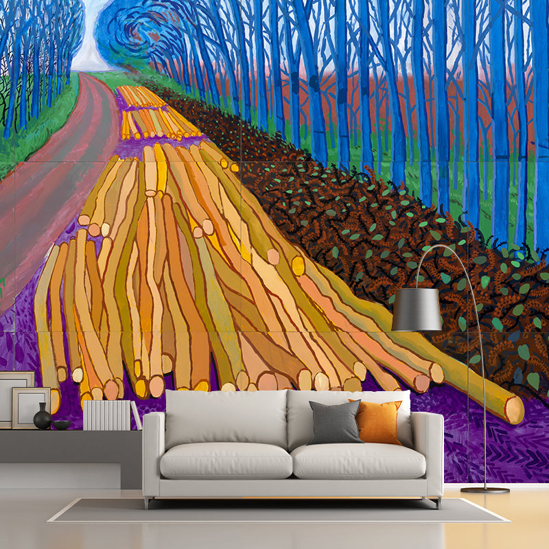 Modern Art Winter Timber Mural Decal Blue-Purple-Yellow Moisture Resistant Wall Covering for Home