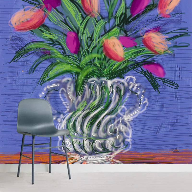 Still Life Tulip Flowers Mural Modern Art Non-Woven Fabric Wall Covering in Purple-Green
