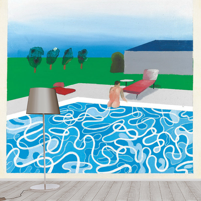 Blue-Green Pop Art Mural Decal Full-Size Pool Painting Wall Covering for Bedroom