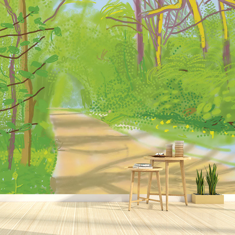 Modern Art Forest Path Murals Wallpaper in Yellow-Green Living Room Wall Decor, Custom Size