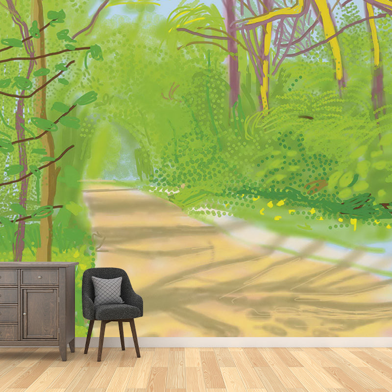 Modern Art Forest Path Murals Wallpaper in Yellow-Green Living Room Wall Decor, Custom Size